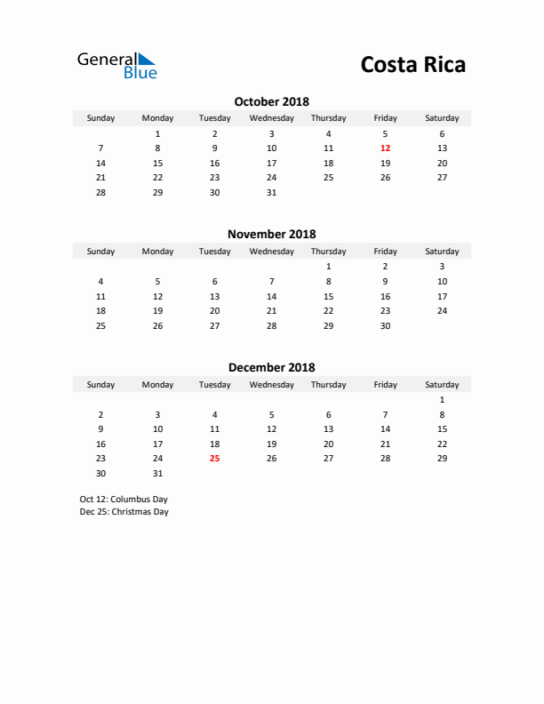 Printable Quarterly Calendar with Notes and Costa Rica Holidays- Q4 of 2018