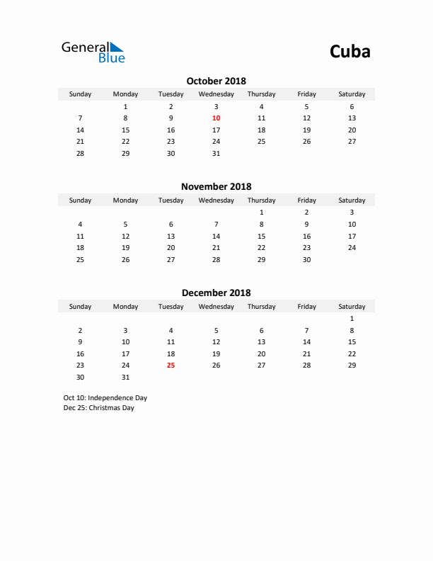 Printable Quarterly Calendar with Notes and Cuba Holidays- Q4 of 2018