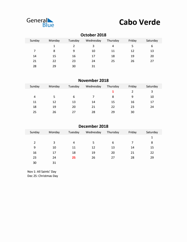 Printable Quarterly Calendar with Notes and Cabo Verde Holidays- Q4 of 2018