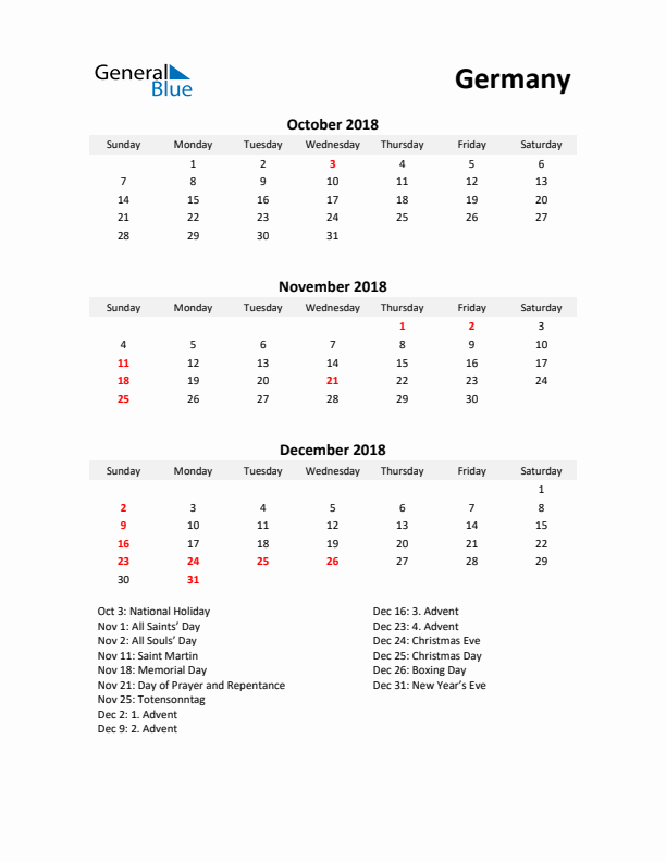 Printable Quarterly Calendar with Notes and Germany Holidays- Q4 of 2018