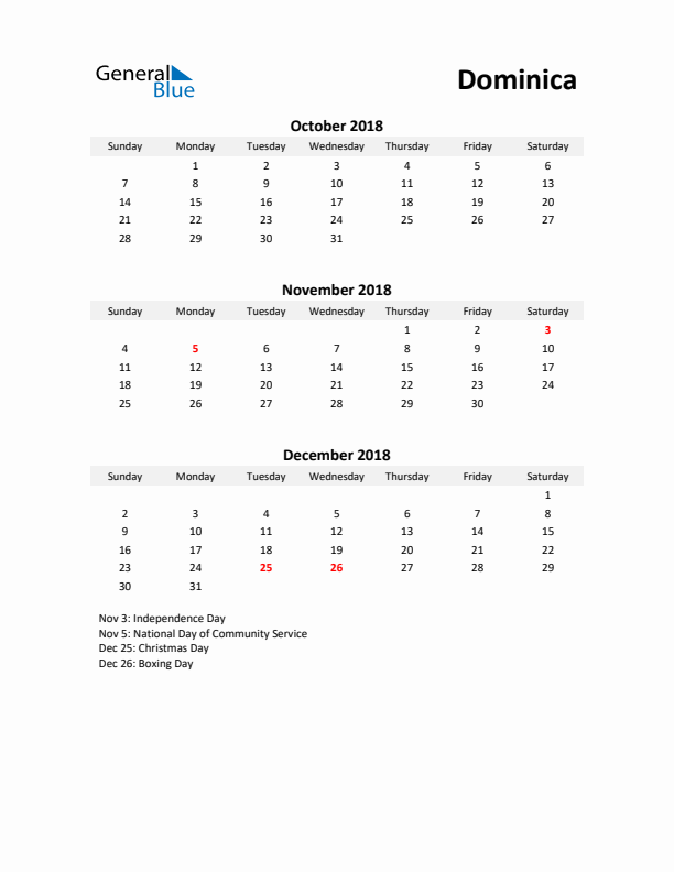 Printable Quarterly Calendar with Notes and Dominica Holidays- Q4 of 2018