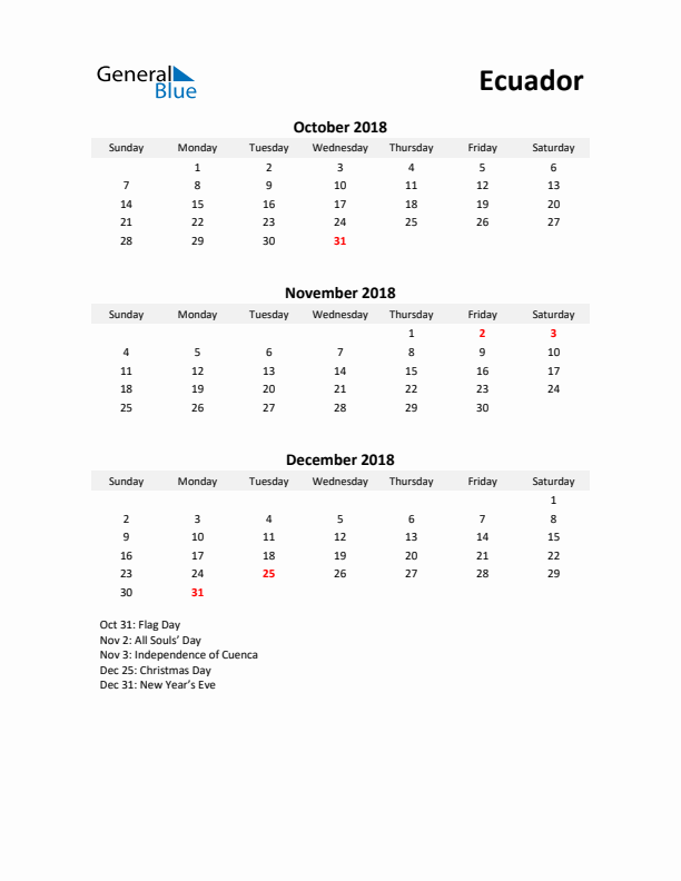 Printable Quarterly Calendar with Notes and Ecuador Holidays- Q4 of 2018