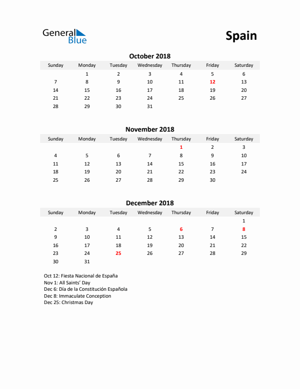 Printable Quarterly Calendar with Notes and Spain Holidays- Q4 of 2018