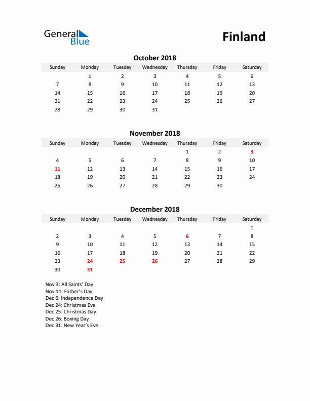 Printable Quarterly Calendar with Notes and Finland Holidays- Q4 of 2018