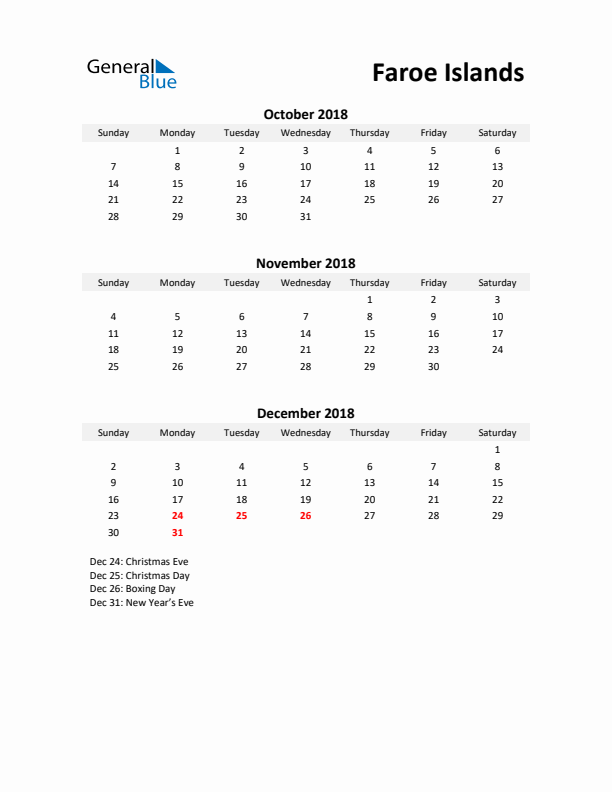 Printable Quarterly Calendar with Notes and Faroe Islands Holidays- Q4 of 2018