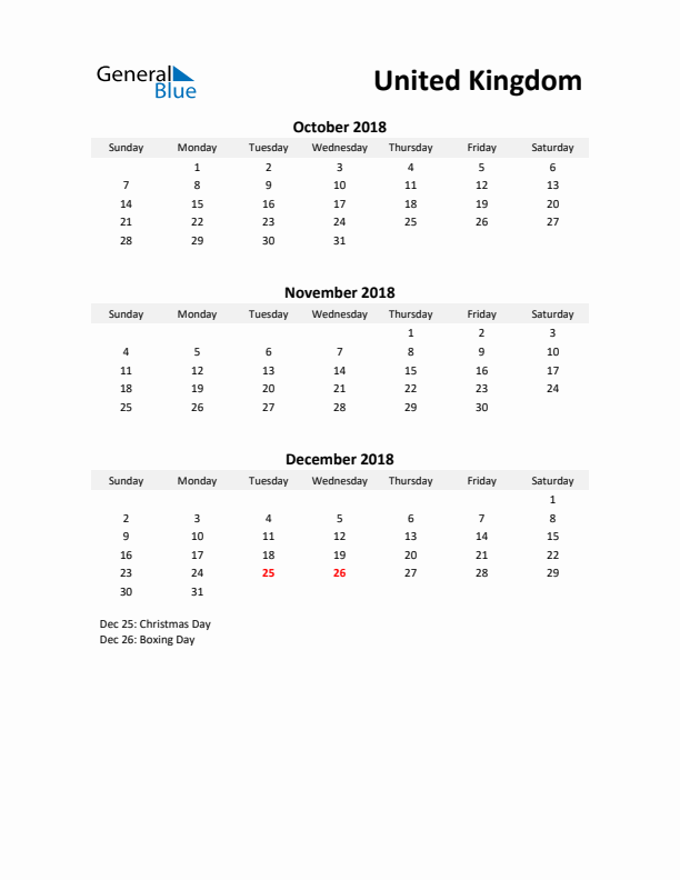 Printable Quarterly Calendar with Notes and United Kingdom Holidays- Q4 of 2018