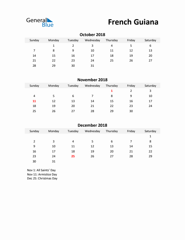 Printable Quarterly Calendar with Notes and French Guiana Holidays- Q4 of 2018