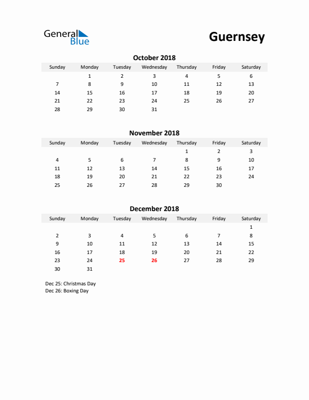 Printable Quarterly Calendar with Notes and Guernsey Holidays- Q4 of 2018