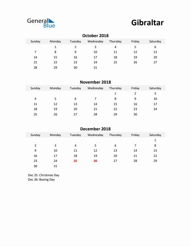 Printable Quarterly Calendar with Notes and Gibraltar Holidays- Q4 of 2018