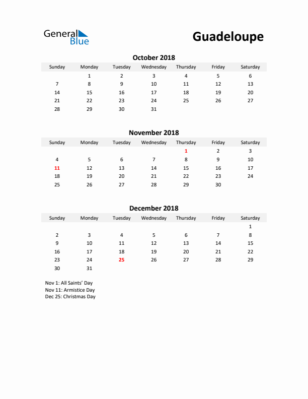 Printable Quarterly Calendar with Notes and Guadeloupe Holidays- Q4 of 2018