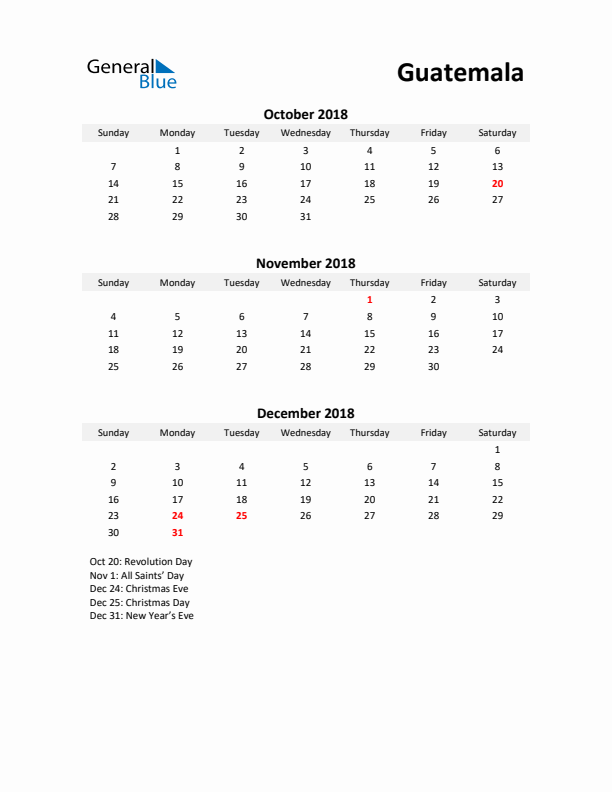 Printable Quarterly Calendar with Notes and Guatemala Holidays- Q4 of 2018