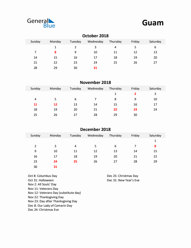 Printable Quarterly Calendar with Notes and Guam Holidays- Q4 of 2018