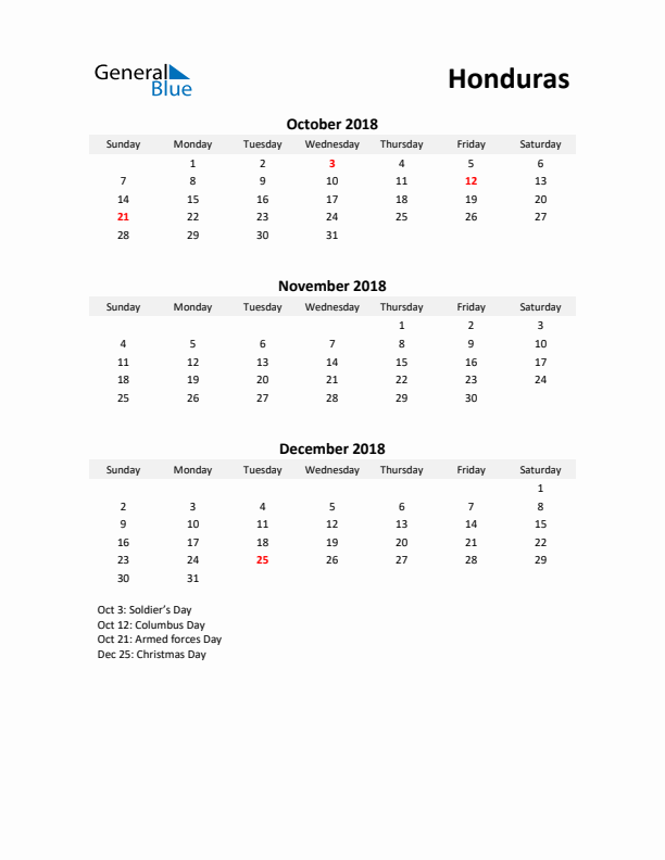 Printable Quarterly Calendar with Notes and Honduras Holidays- Q4 of 2018