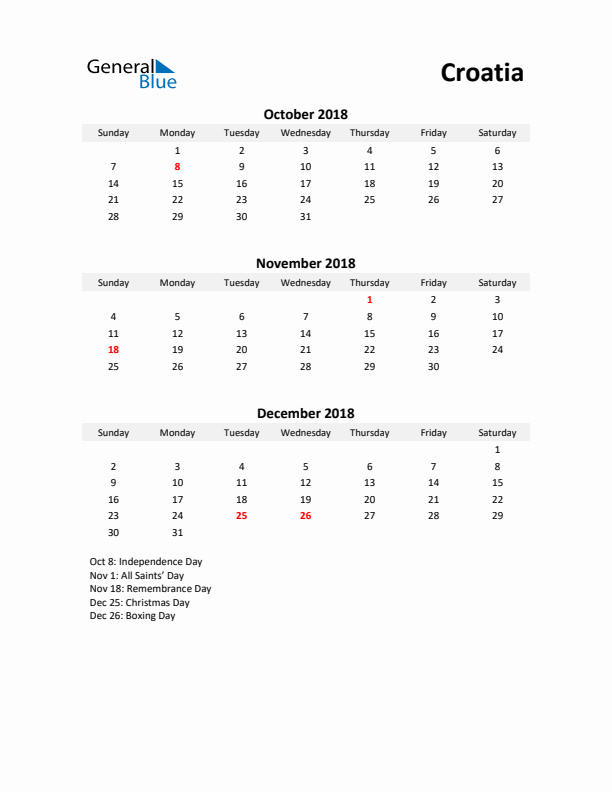 Printable Quarterly Calendar with Notes and Croatia Holidays- Q4 of 2018