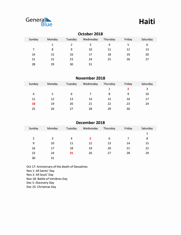 Printable Quarterly Calendar with Notes and Haiti Holidays- Q4 of 2018