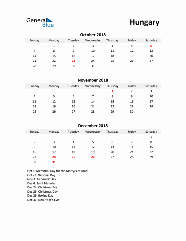 Printable Quarterly Calendar with Notes and Hungary Holidays- Q4 of 2018