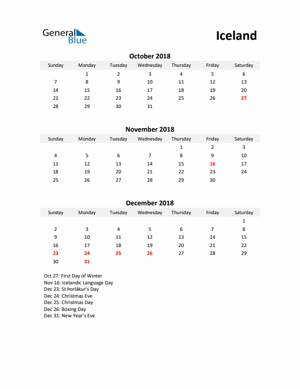 Printable Quarterly Calendar with Notes and Iceland Holidays- Q4 of 2018