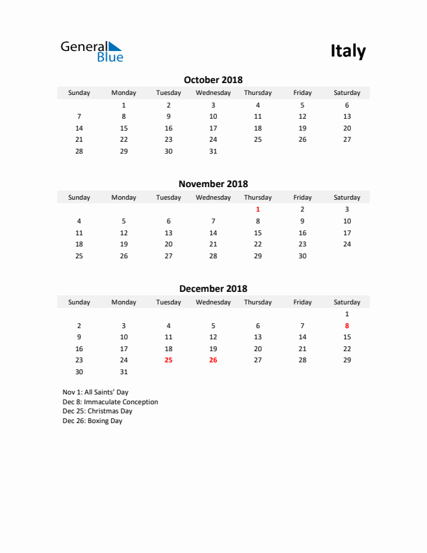 Printable Quarterly Calendar with Notes and Italy Holidays- Q4 of 2018