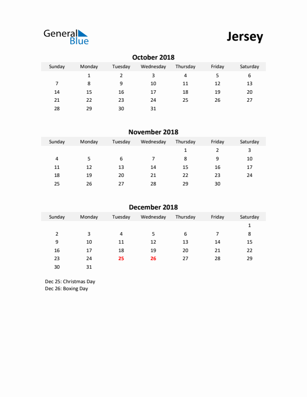 Printable Quarterly Calendar with Notes and Jersey Holidays- Q4 of 2018