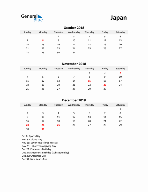 Printable Quarterly Calendar with Notes and Japan Holidays- Q4 of 2018