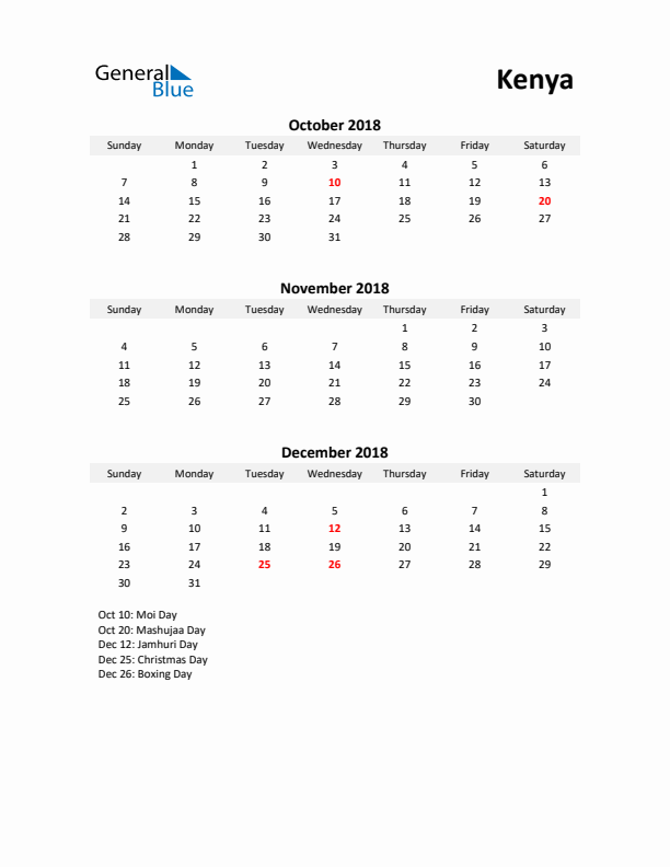 Printable Quarterly Calendar with Notes and Kenya Holidays- Q4 of 2018