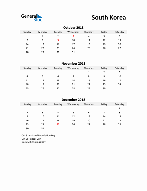 Printable Quarterly Calendar with Notes and South Korea Holidays- Q4 of 2018