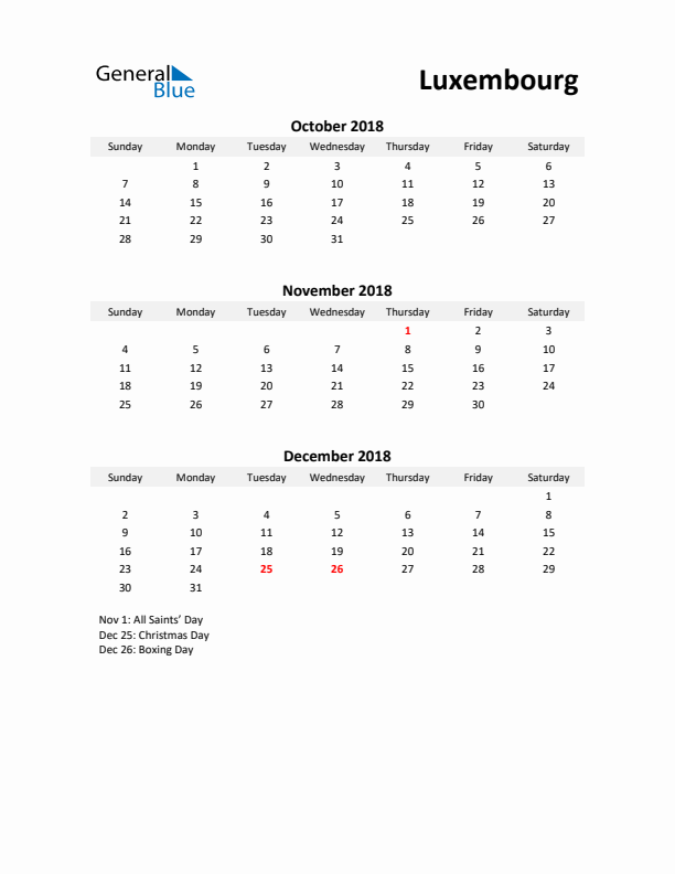 Printable Quarterly Calendar with Notes and Luxembourg Holidays- Q4 of 2018