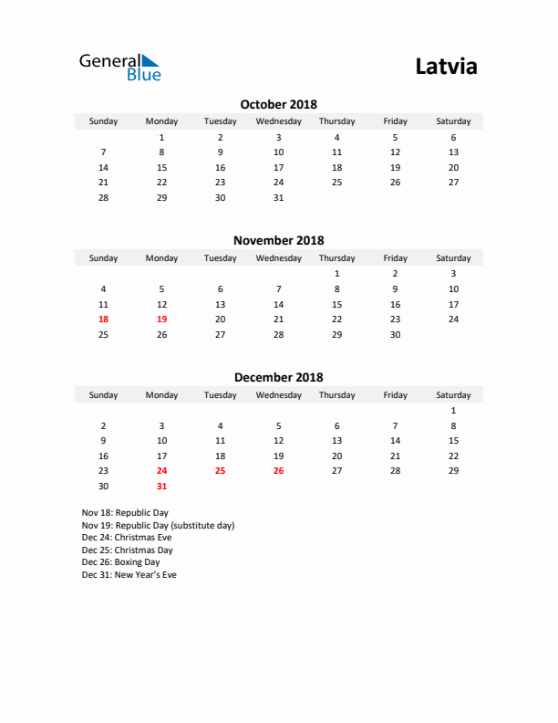 Printable Quarterly Calendar with Notes and Latvia Holidays- Q4 of 2018