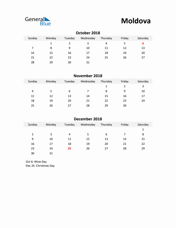 Printable Quarterly Calendar with Notes and Moldova Holidays- Q4 of 2018