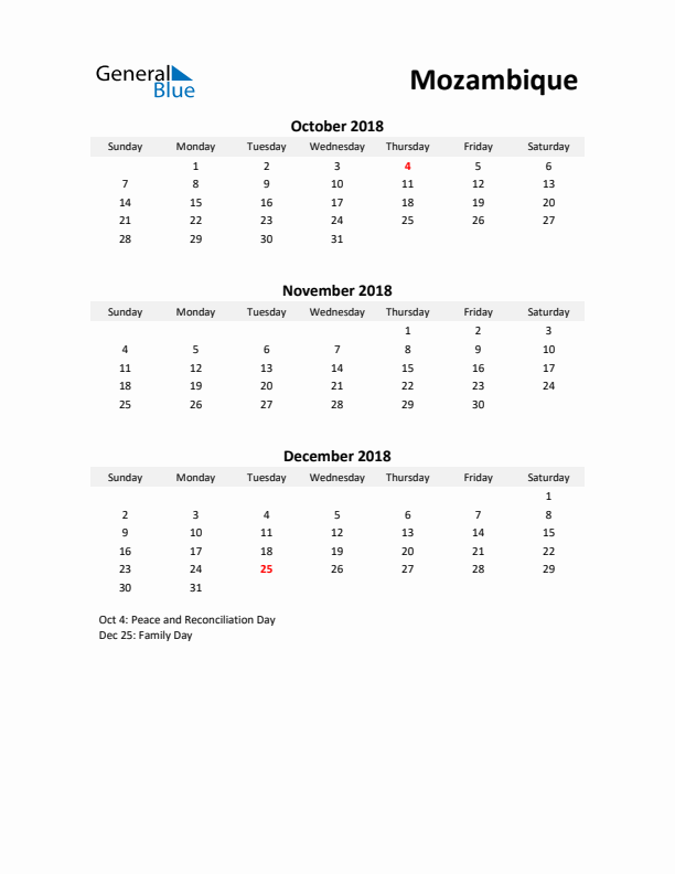 Printable Quarterly Calendar with Notes and Mozambique Holidays- Q4 of 2018