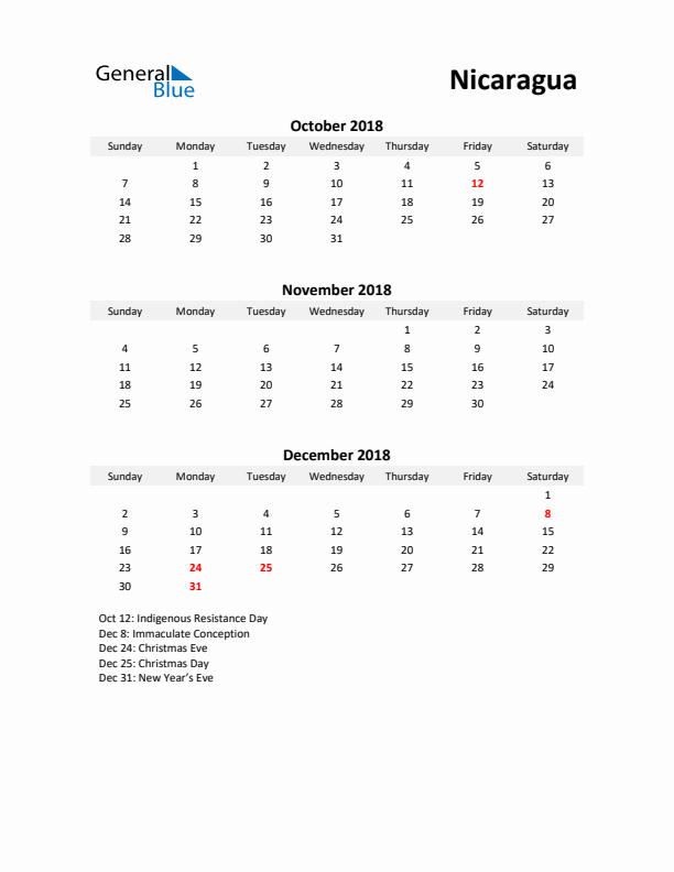 Printable Quarterly Calendar with Notes and Nicaragua Holidays- Q4 of 2018