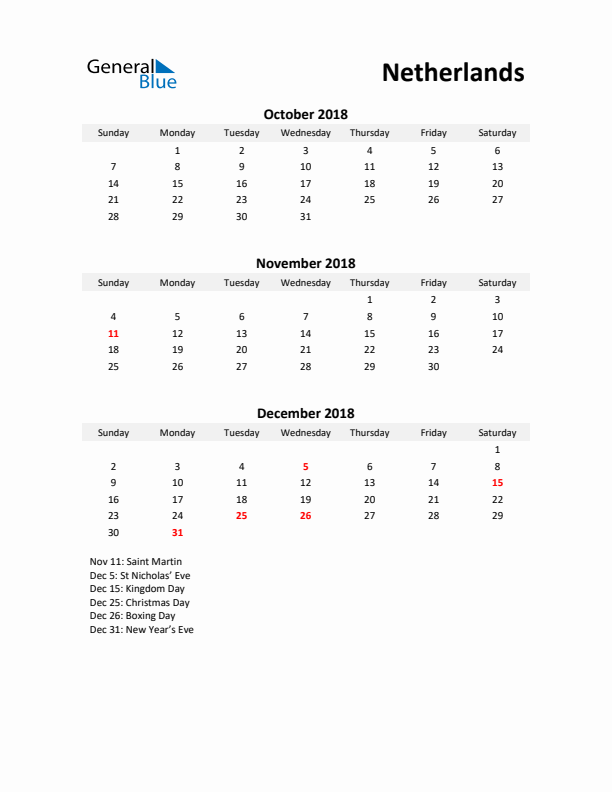 Printable Quarterly Calendar with Notes and The Netherlands Holidays- Q4 of 2018