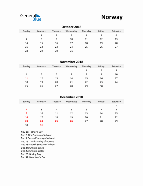 Printable Quarterly Calendar with Notes and Norway Holidays- Q4 of 2018