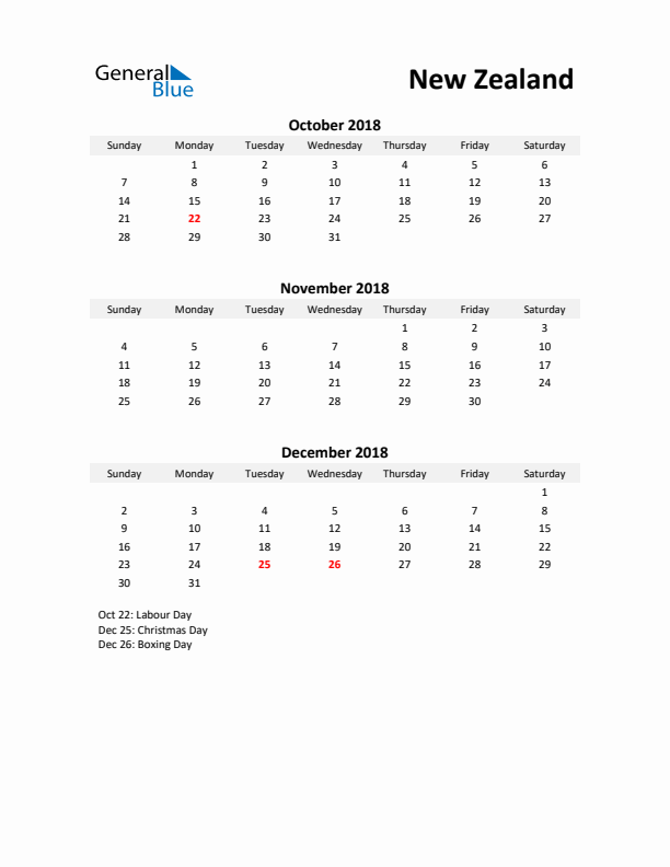 Printable Quarterly Calendar with Notes and New Zealand Holidays- Q4 of 2018