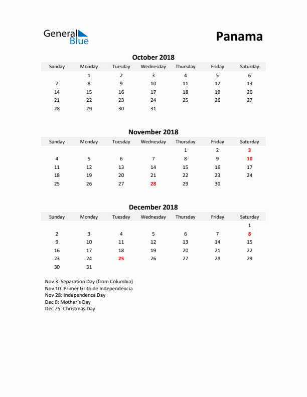 Printable Quarterly Calendar with Notes and Panama Holidays- Q4 of 2018