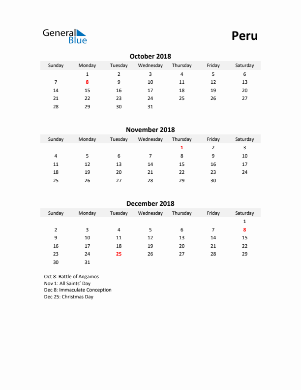 Printable Quarterly Calendar with Notes and Peru Holidays- Q4 of 2018