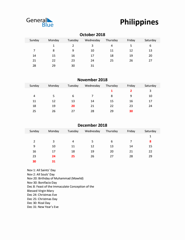 Printable Quarterly Calendar with Notes and Philippines Holidays- Q4 of 2018