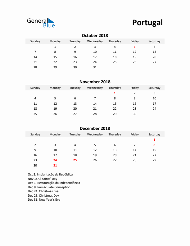 Printable Quarterly Calendar with Notes and Portugal Holidays- Q4 of 2018