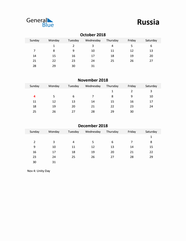 Printable Quarterly Calendar with Notes and Russia Holidays- Q4 of 2018