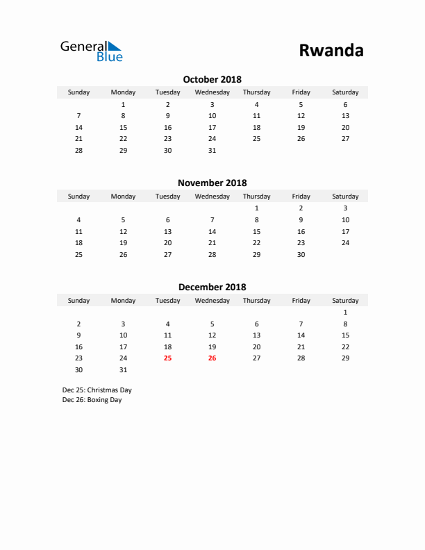 Printable Quarterly Calendar with Notes and Rwanda Holidays- Q4 of 2018