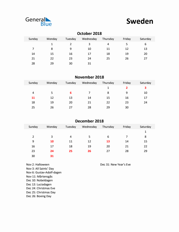 Printable Quarterly Calendar with Notes and Sweden Holidays- Q4 of 2018