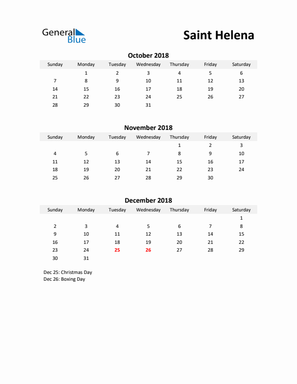 Printable Quarterly Calendar with Notes and Saint Helena Holidays- Q4 of 2018