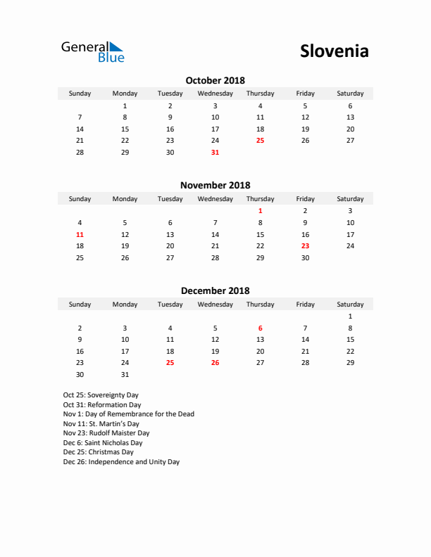 Printable Quarterly Calendar with Notes and Slovenia Holidays- Q4 of 2018