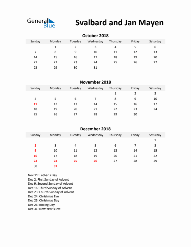 Printable Quarterly Calendar with Notes and Svalbard and Jan Mayen Holidays- Q4 of 2018