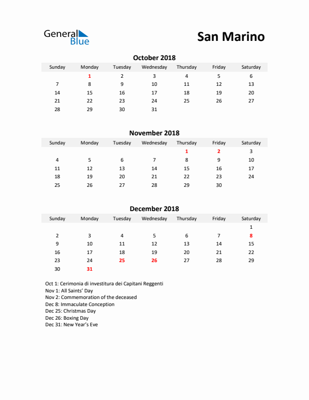 Printable Quarterly Calendar with Notes and San Marino Holidays- Q4 of 2018