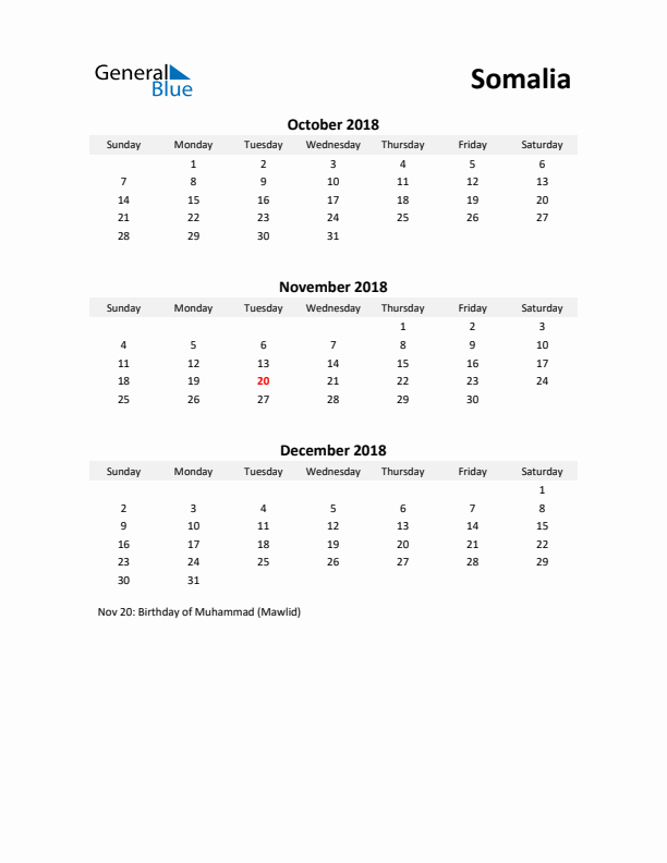 Printable Quarterly Calendar with Notes and Somalia Holidays- Q4 of 2018