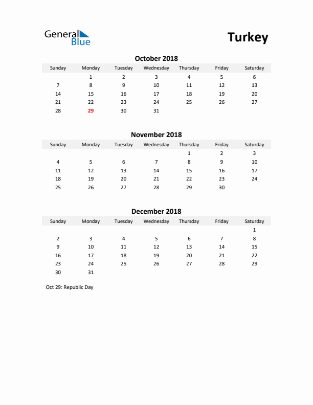 Printable Quarterly Calendar with Notes and Turkey Holidays- Q4 of 2018