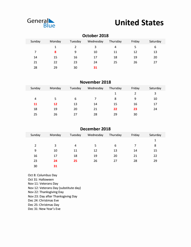 Printable Quarterly Calendar with Notes and United States Holidays- Q4 of 2018