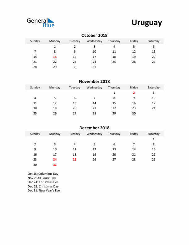 Printable Quarterly Calendar with Notes and Uruguay Holidays- Q4 of 2018