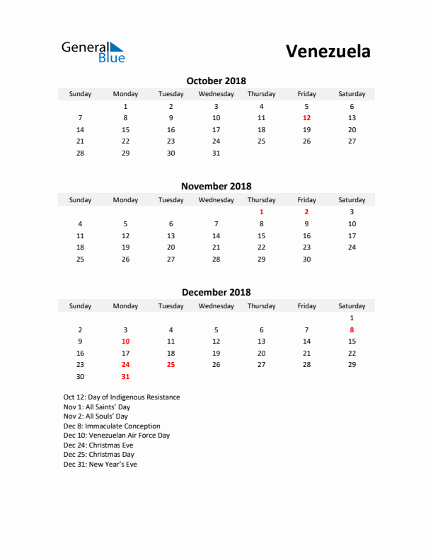 Printable Quarterly Calendar with Notes and Venezuela Holidays- Q4 of 2018